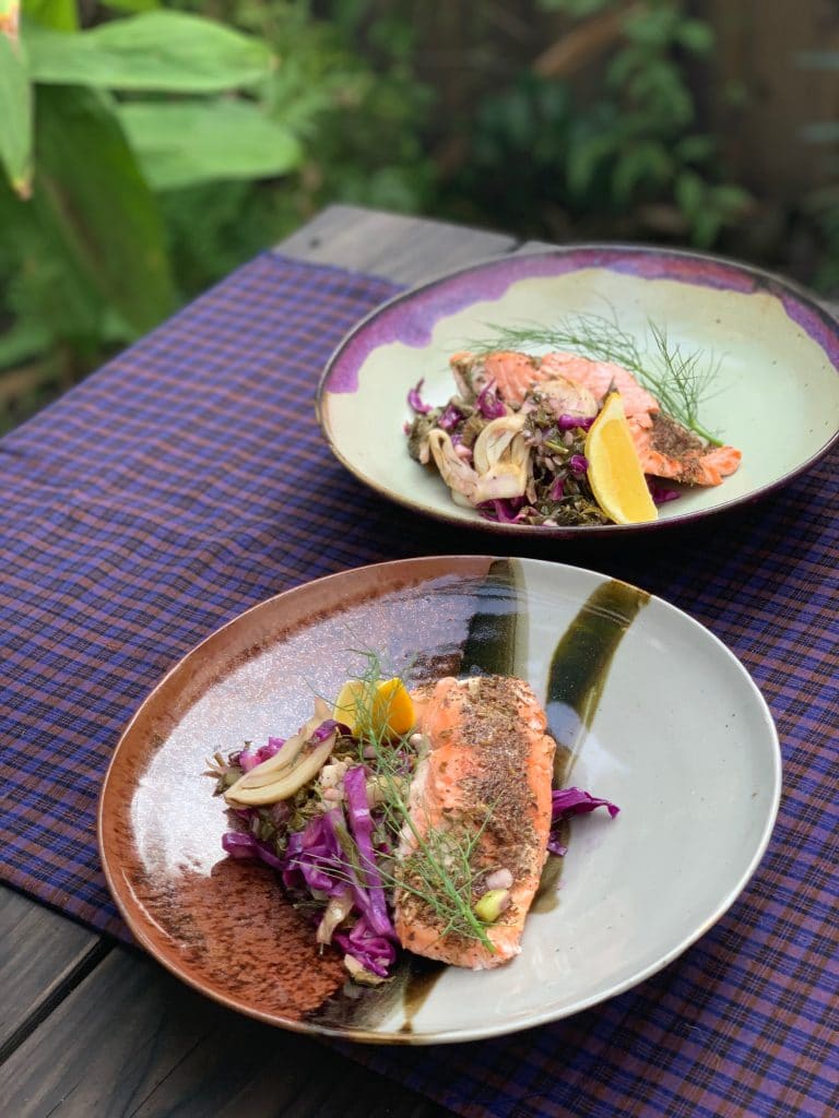 steelhead trout w red cabbage fennel salsa verde by chef mark cleveland