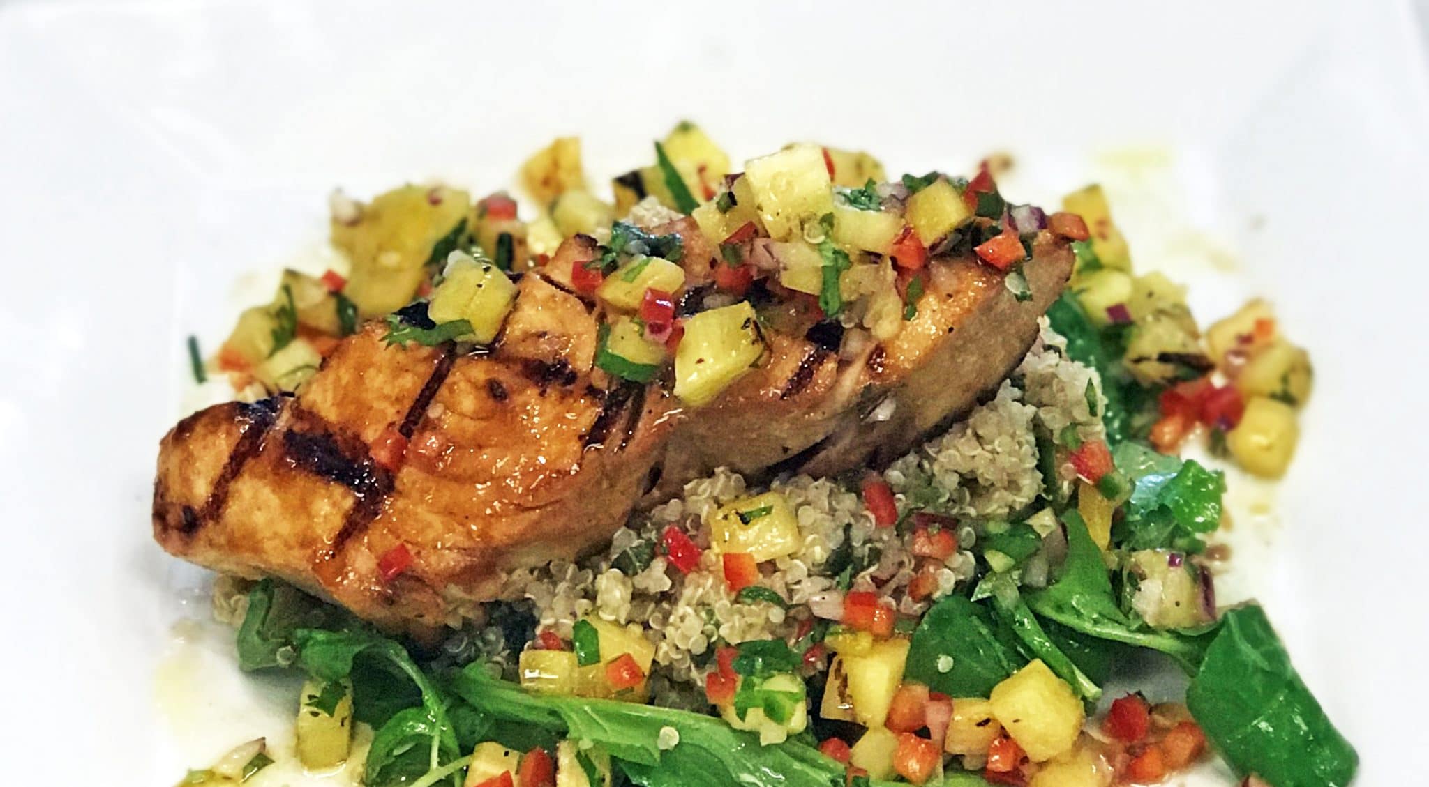Grilled Opah with Baby Spinach and Quinoa Salad Topped with Pineapple Salsa