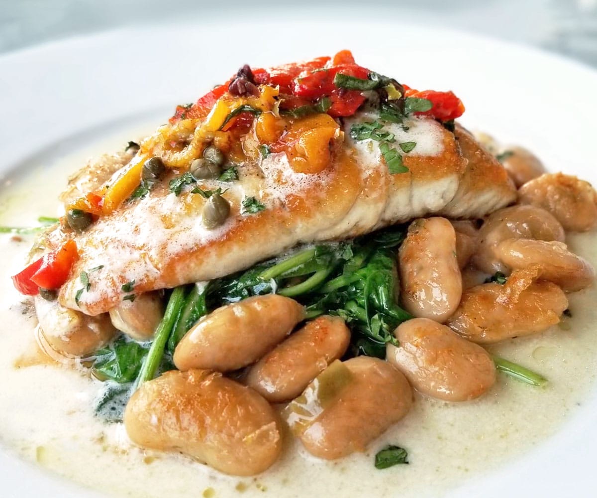 Roasted Barramundi With Sauteed Spinach And Roasted Giant White Beans