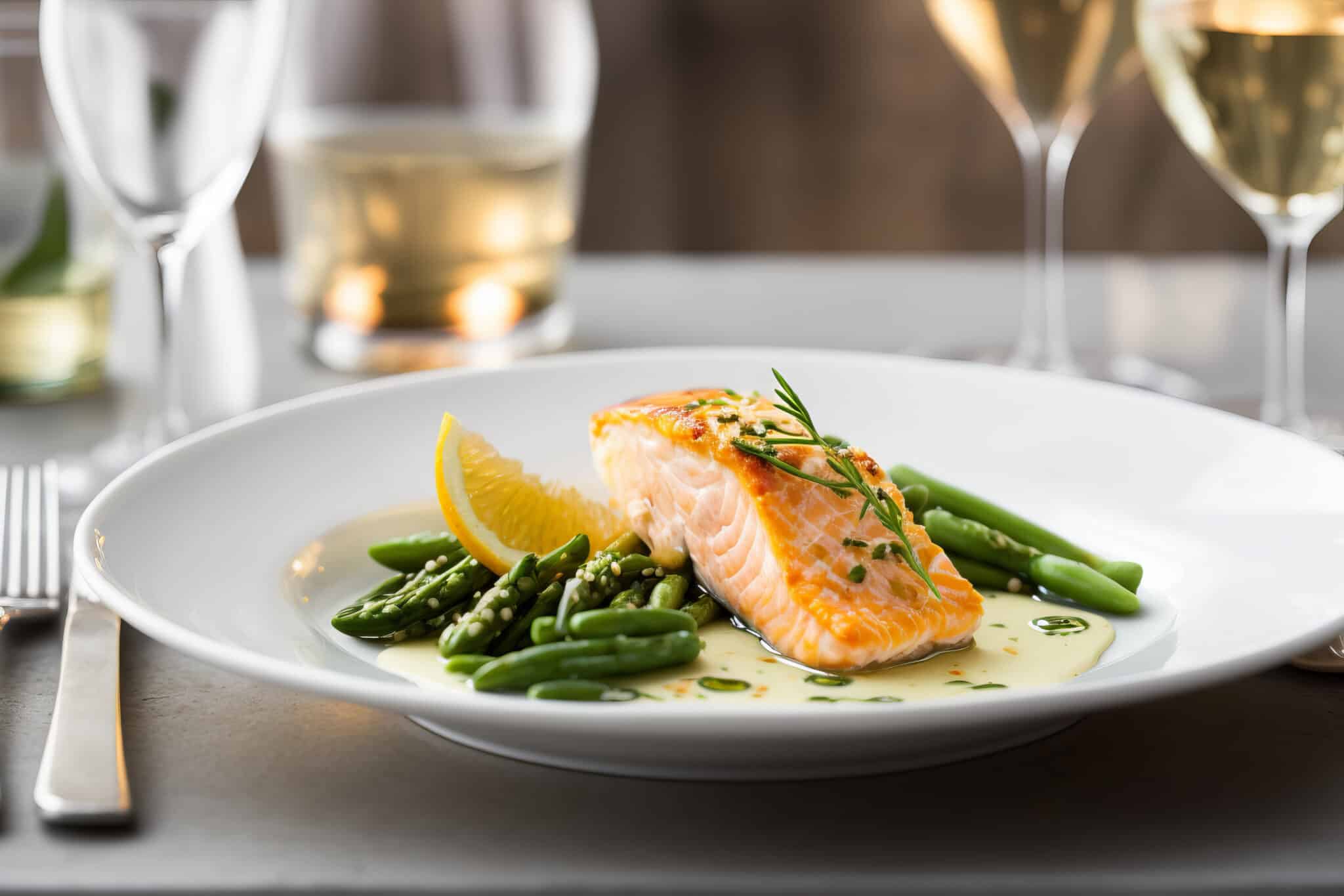 Grilled salmon on a plate served with green beans and white wine, generative AI