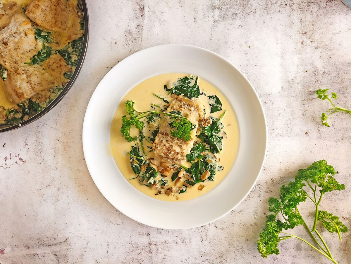 Featured image for “Seared Whitefish with Creamed Spinach and Mushroom”